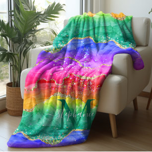 Personalized Colourful Rainbow Glitter Gold Agate Sherpa Blanket