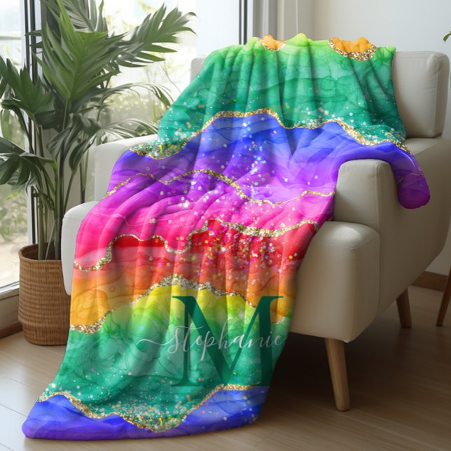 Personalized Colourful Rainbow Glitter Gold Agate Sherpa Blanket (Bright Colorful Rainbow Glitter Gold Agate Sherpa Blanket)