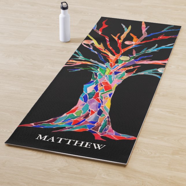Personalized Colourful Rainbow Tree Black Yoga Mat (In Situ)