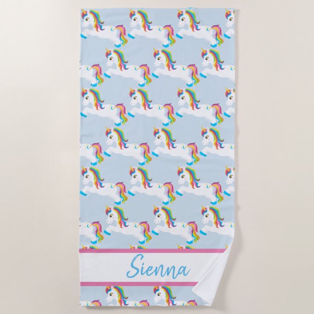 Personalized Colourful Rainbow Unicorn Beach Towel (Front)
