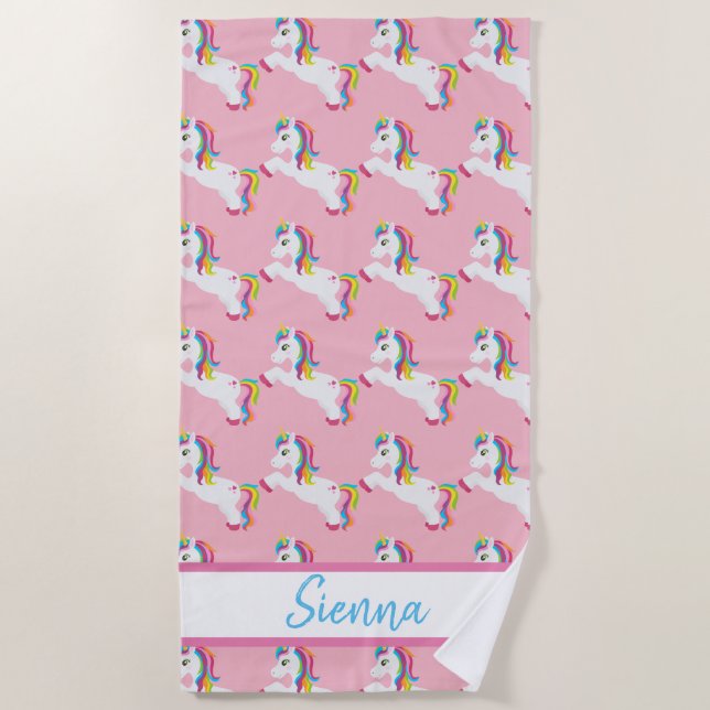 Personalized Colourful Rainbow Unicorn Beach Towel (Front)