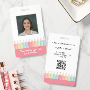 Personalized Colourful Red QR School Teacher ID Badge