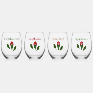Personalized Colourful Red Roses & Holly Christmas Stemless Wine Glass