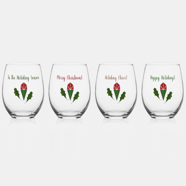 Personalized Colourful Red Roses & Holly Christmas Stemless Wine Glass (Front)