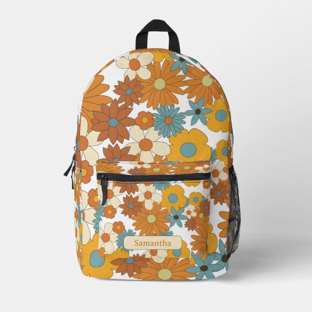 Personalized Colourful Retro Flower Pattern Name Printed Backpack (Front)