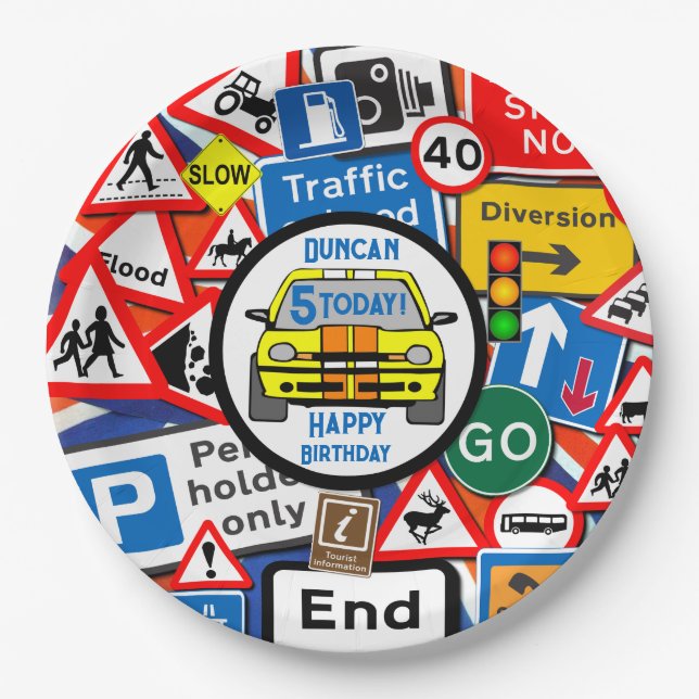 Personalized Colourful Road Signs, Birthday Party Paper Plate (Front)