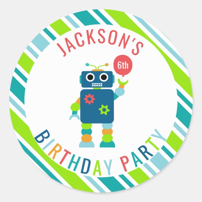 Personalized Colourful Robot Birthday Party Kids Classic Round Sticker (Front)