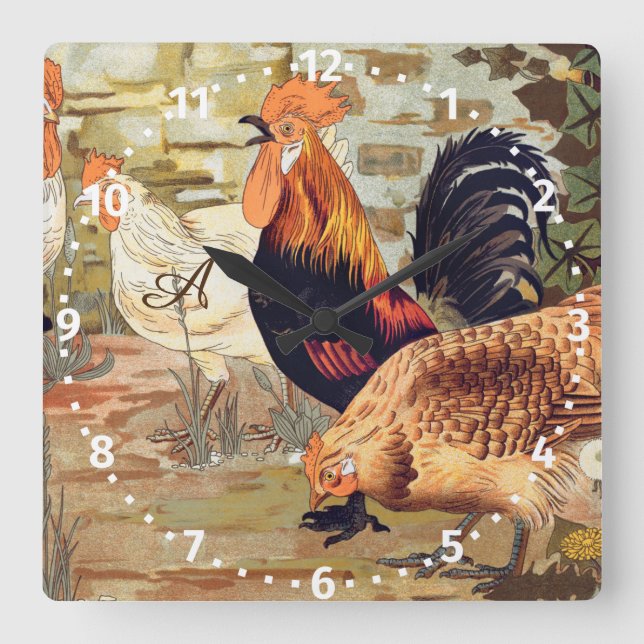  Personalized Colourful Rooster Farmhouse  Square  Wall Clock (Front)