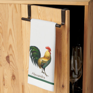 Personalized Colourful Rooster vintage watercolor Kitchen Towel