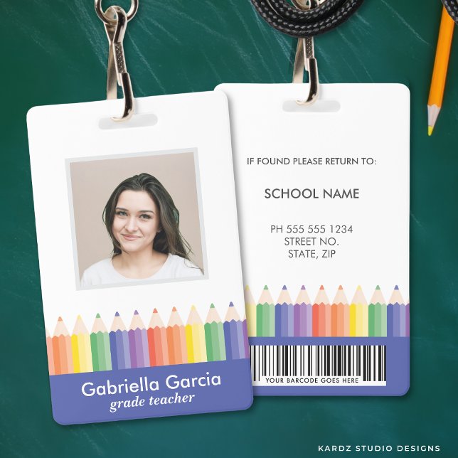 Personalized Colourful School Teacher Bar Code ID Badge (Front and back are shown. Customize and choose attachment: lanyard, retractable, or metal clip)