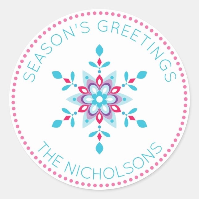 Personalized Colourful Snowflake Holiday Classic Round Sticker (Front)