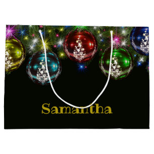 Personalized Colourful Sparkling Ornaments on Blac Large Gift Bag