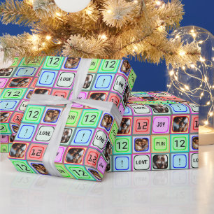 Personalized Colourful Squares with Text, 3 Photos Wrapping Paper