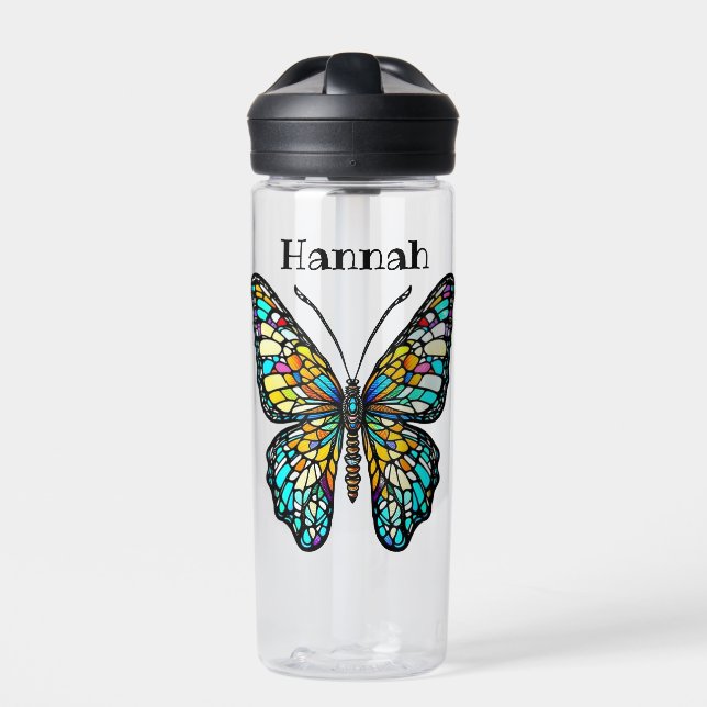 Personalized Colourful Stained Glass Butterfly Water Bottle (Front)