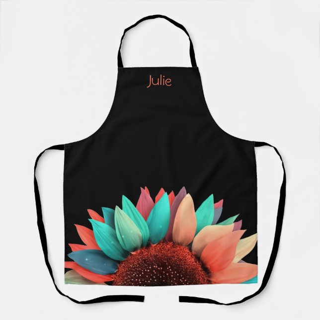 Personalized Colourful Sunflower on Black Apron (Front)
