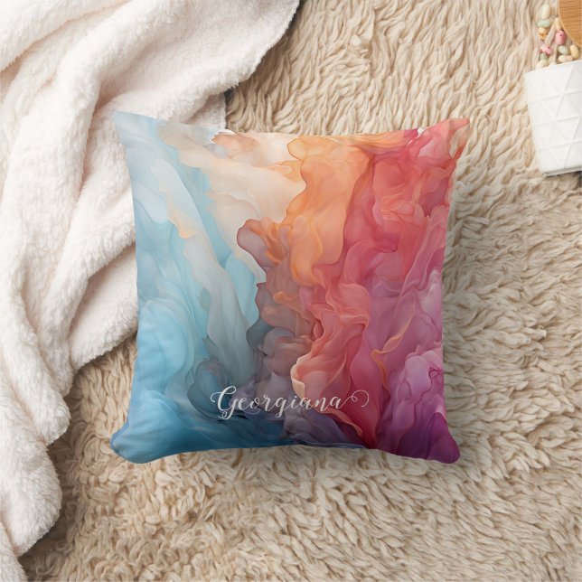 Personalized Colourful Sunset on Sea Alcohol Ink Throw Pillow (Blanket)