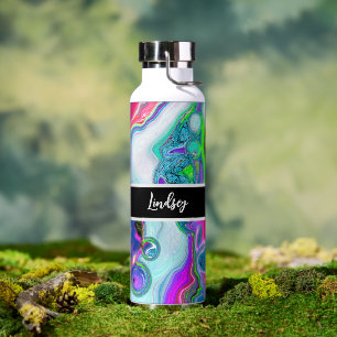 Personalized Colourful Swirls Marble Fluid Art    Water Bottle