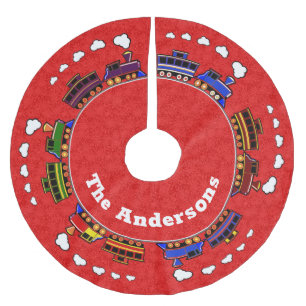 Personalized Colourful Toy Trains on Red Brushed Polyester Tree Skirt