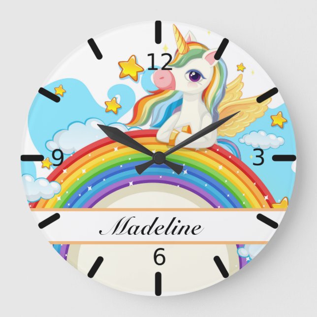 Personalized Colourful Unicorn & Rainbow Large Clock (Front)