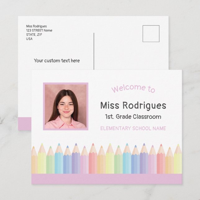 Personalized Colourful Welcome Teacher's Classroom Postcard (Front/Back)