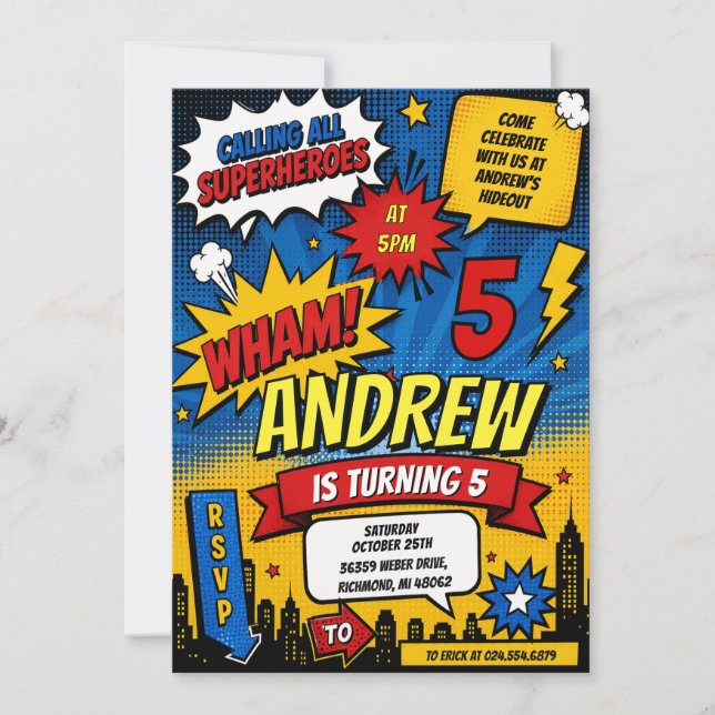 Personalized Comic Book Hero Birthday Invitation (Front)
