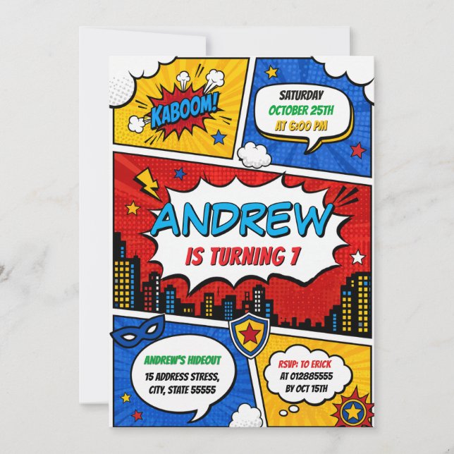 Personalized Comic Superhero Birthday party Invitation (Front)