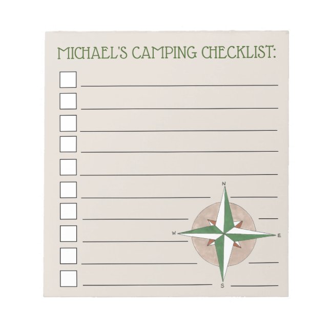 Personalized Compass Hiking Summer Camp Checklist Notepad (Front)