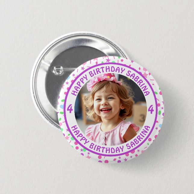 Personalized Confetti Photo, Name and Age Birthday 2 Inch Round Button (Front & Back)