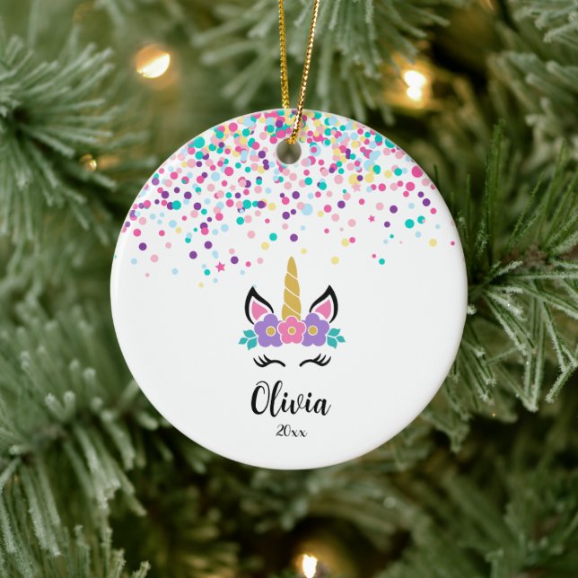 Personalized Confetti Unicorn - Custom Christmas  Ceramic Ornament (Tree)