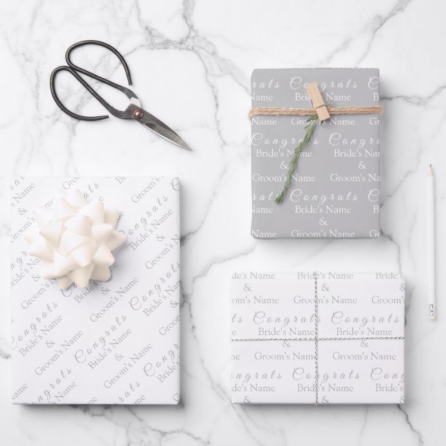 Personalized Congrats Name! Silver, White Wedding Wrapping Paper Sheet (Front)