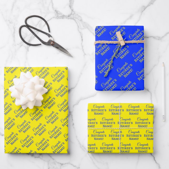 Personalized Congrats Retiree! Blue on Gold Wrapping Paper Sheet (Front)