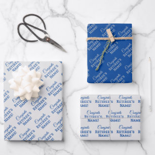 Personalized Congrats Retiree! Blue on Silver Wrapping Paper Sheet