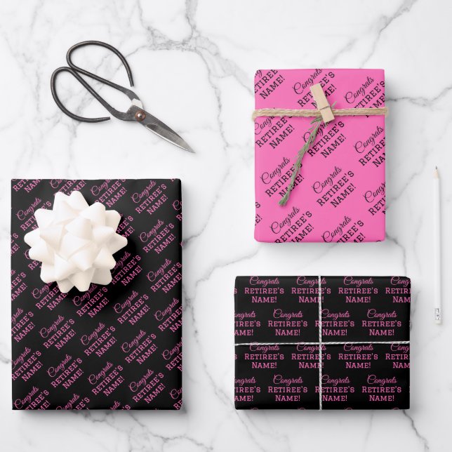 Personalized Congrats Retiree! Hot Pink on Black Wrapping Paper Sheet (Front)