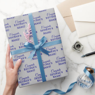 Personalized Congrats Retiree! Navy Blue on Silver Wrapping Paper