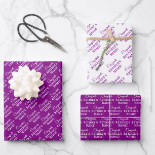 Personalized Congrats Retiree! White on Purple Wrapping Paper Sheet