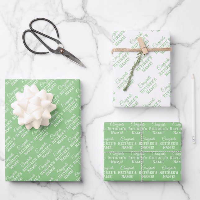 Personalized Congrats Retiree! White on Sage Green Wrapping Paper Sheet (Front)