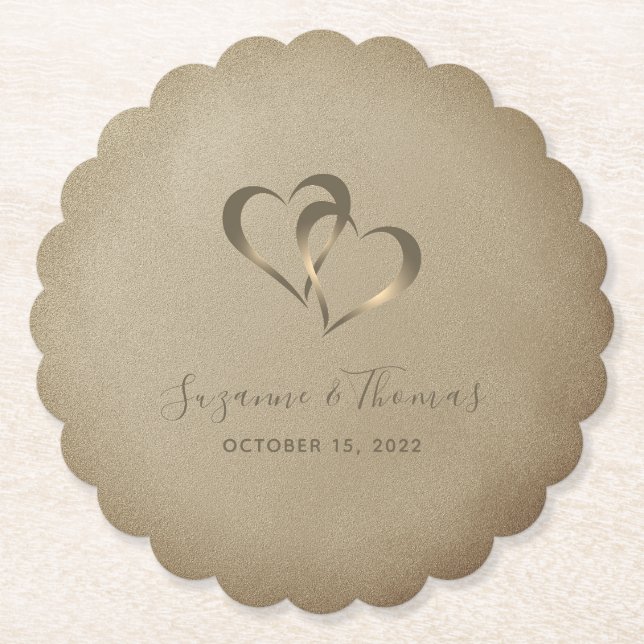 Personalized Connected Hearts Gold Paper Coaster (Front)