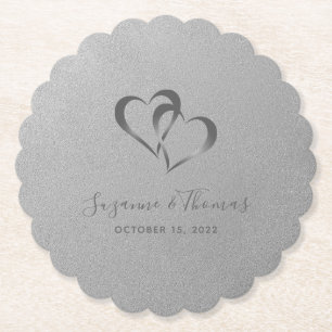 Personalized Connected Hearts Silver Grey Paper Coaster