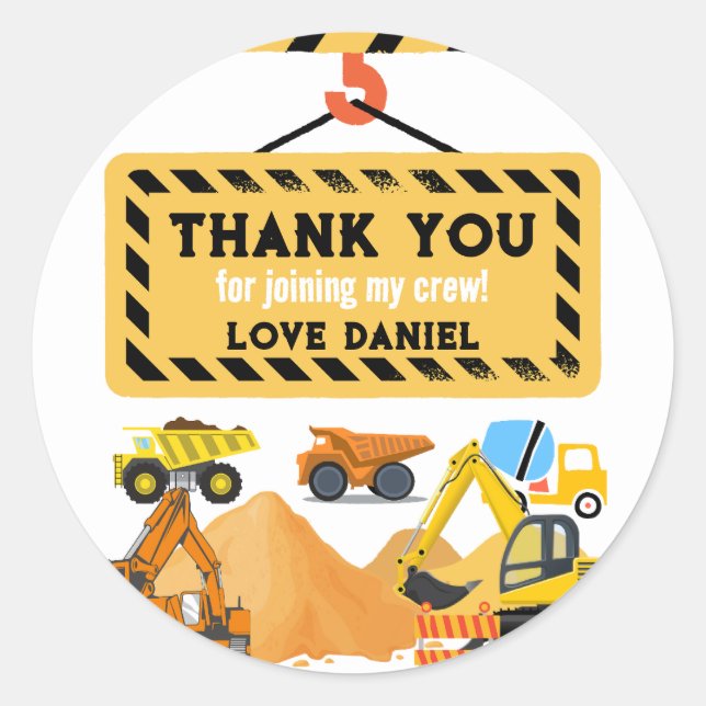 Personalized Construction Birthday Theme Thank You Classic Round Sticker (Front)