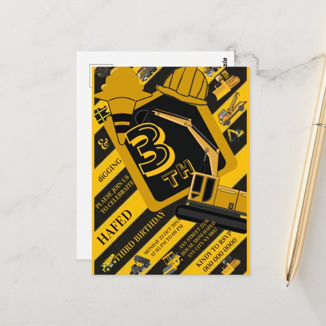 Personalized construction for children's birthdays postcard (Front/Back In Situ)