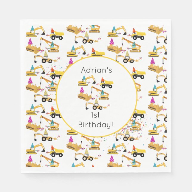 Personalized Construction Trucks Party Birthday  Napkin (Front)