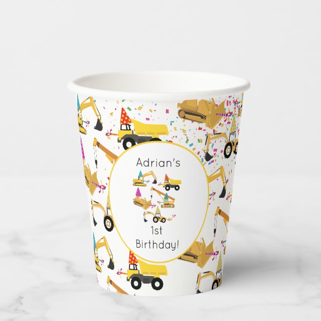Personalized Construction Trucks Party Birthday  Paper Cups (Front)