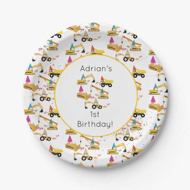 Personalized Construction Trucks Party Birthday Paper Plate (Front)