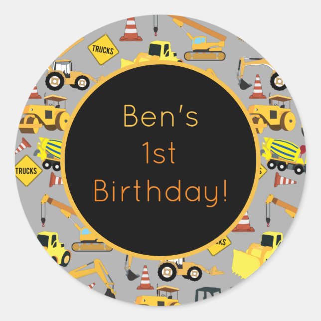 Personalized Construction Trucks Pattern Classic Round Sticker (Front)