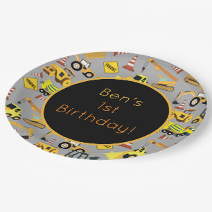 Personalized Construction Trucks Pattern Paper Plate