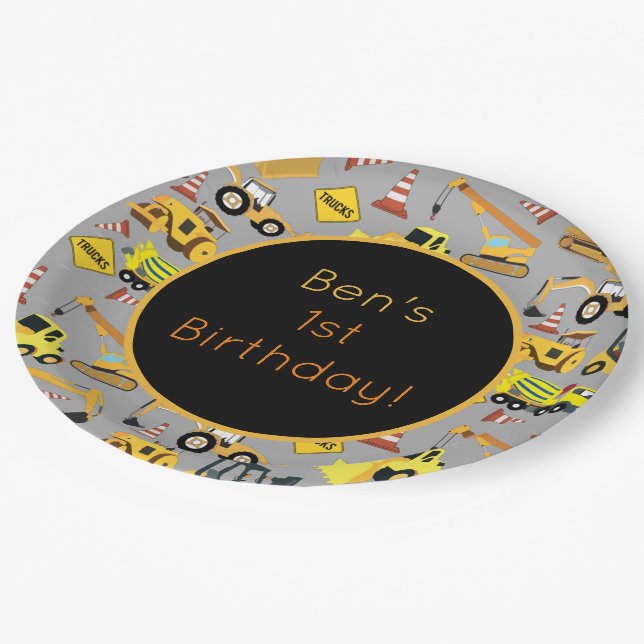 Personalized Construction Trucks Pattern Paper Plate (Angled)