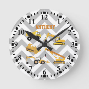 Personalized Construction Trucks Pattern Round Clock