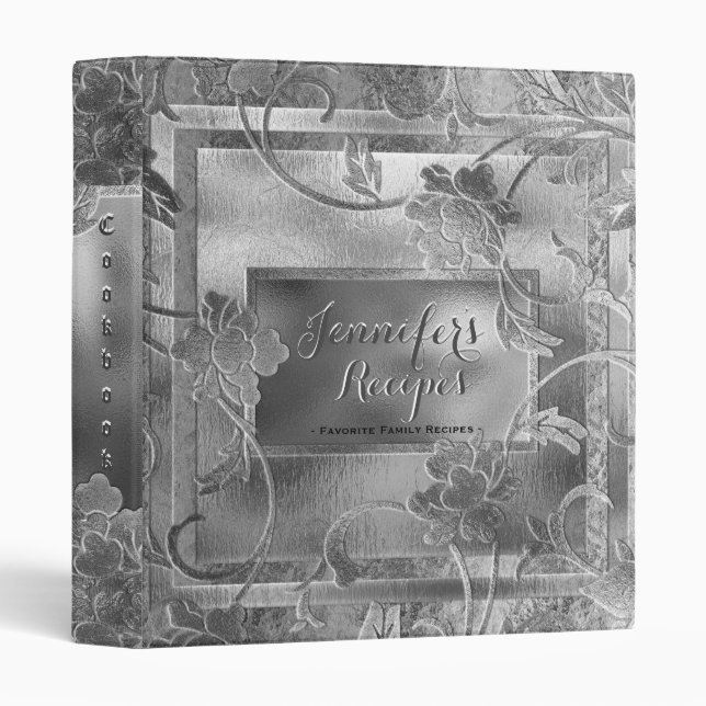 Personalized Cookbook for Recipes Silver Floral Binder (Front/Spine)