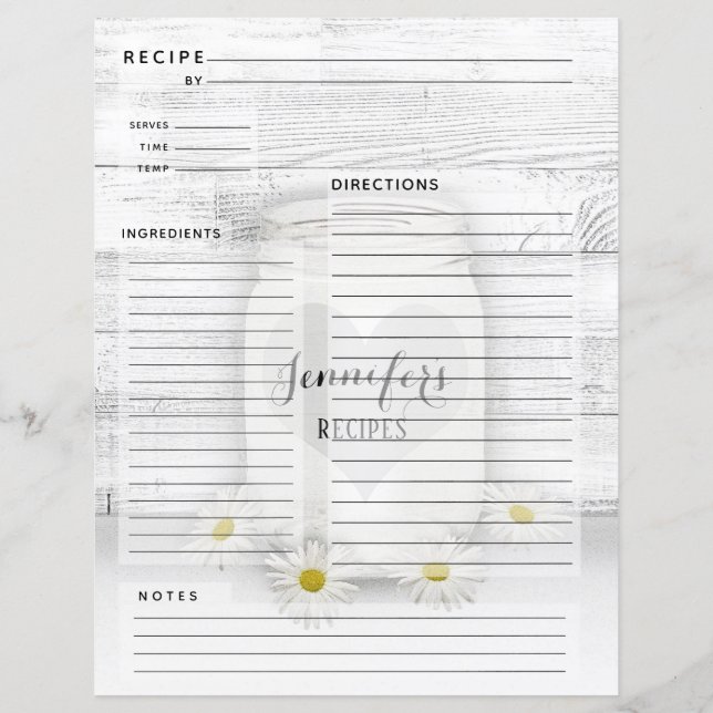 Personalized Cookbook Mason Jar Recipe Insert (Back)