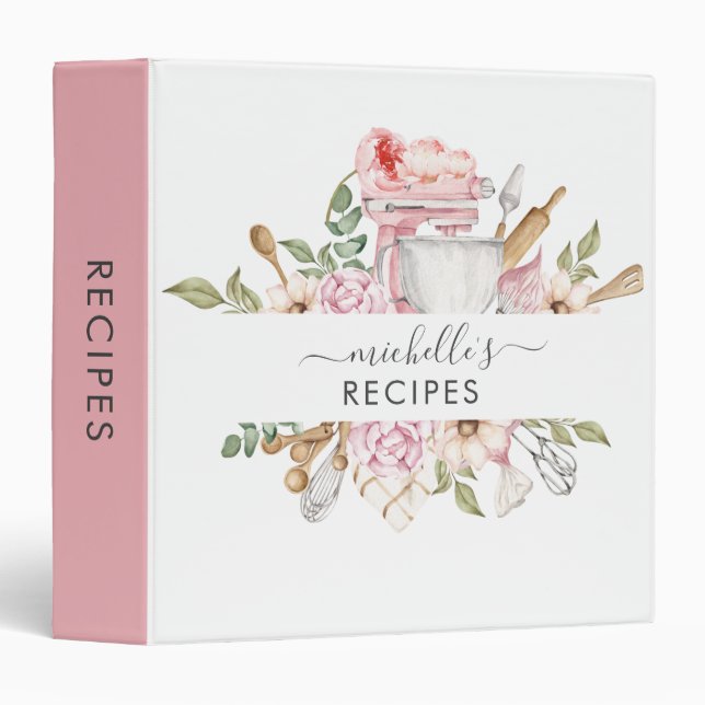 Personalized Cooking Baking Pink Floral 3 Ring Bin Binder (Front/Spine)